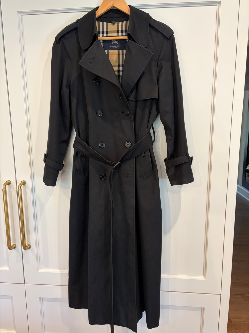 Burberry Black Double-Breasted Long Trench Coat with Signature Check Lining